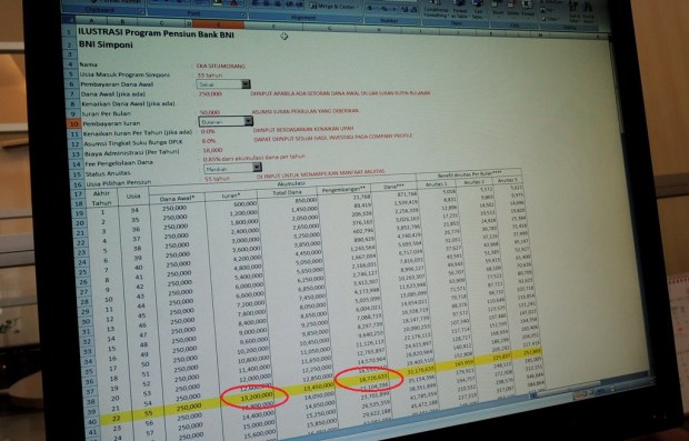 Lihat lingkaran merah yang pertama. Itu adalah jumlah iuran kita selama 22 tahun (50.000/bulan). Nah, lihat lingkaran merah yang kedua, itu adalah jumlah iuran kita yang telah dikembangkan. Uang pengembangannya lebih besar dari iuran pokok! Jelas ini lebih menguntungkan daripada menabung biasa.